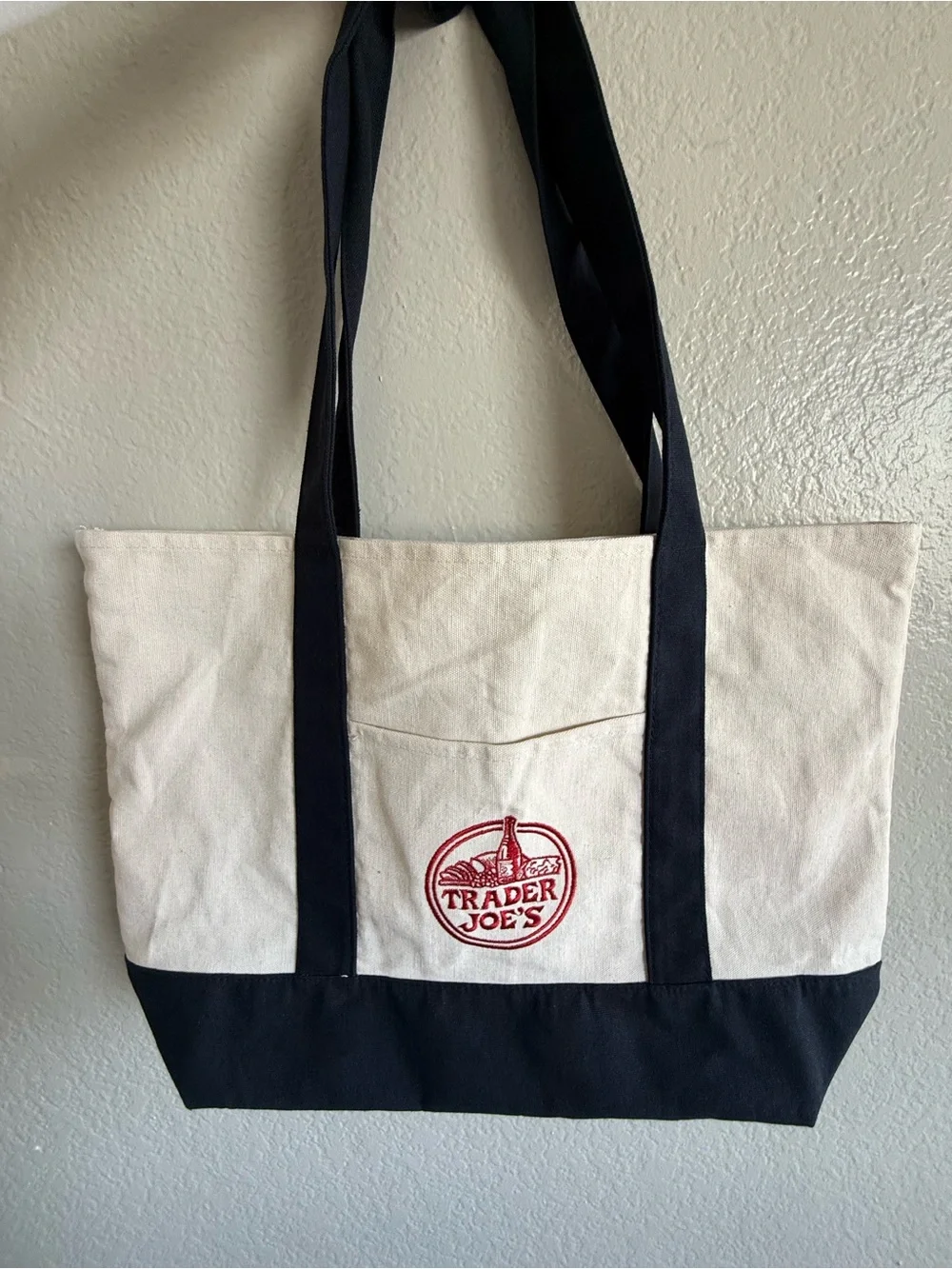 Trader Joe's Cream and Black Canvas Tote Bag